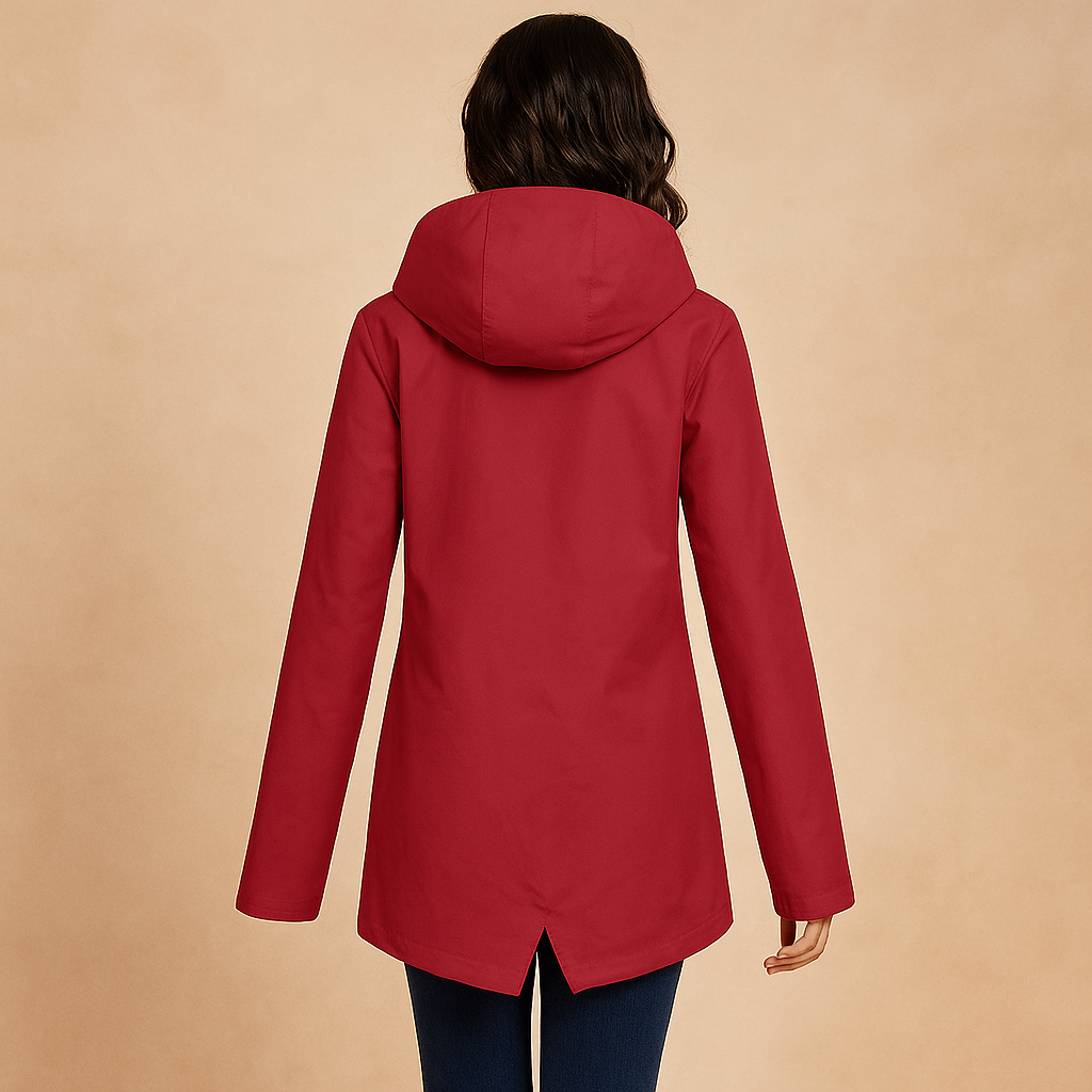 Long waterproof raincoat for women in beige with adjustable hood, breathable fabric, and full-length design, perfect for wet weather