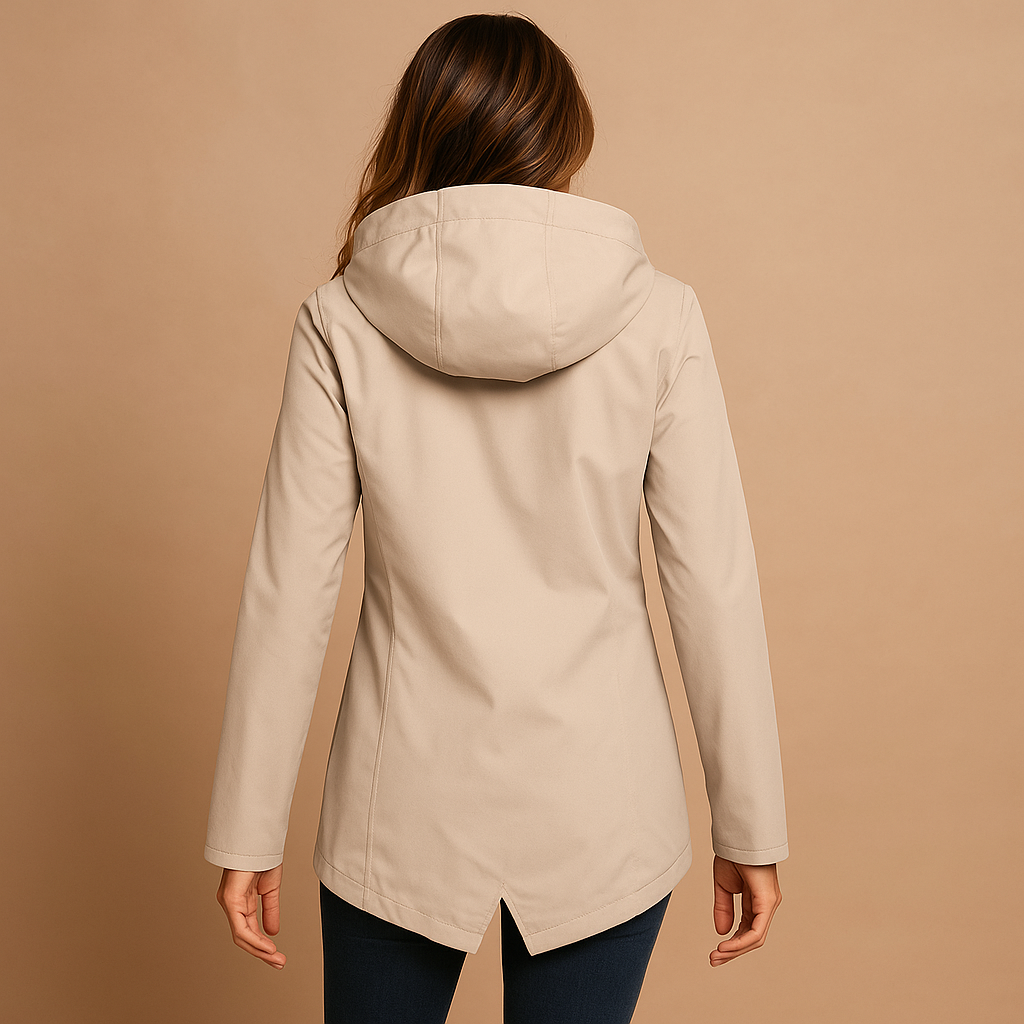 Long waterproof raincoat for women in beige with adjustable hood, breathable fabric, and full-length design, perfect for wet weather