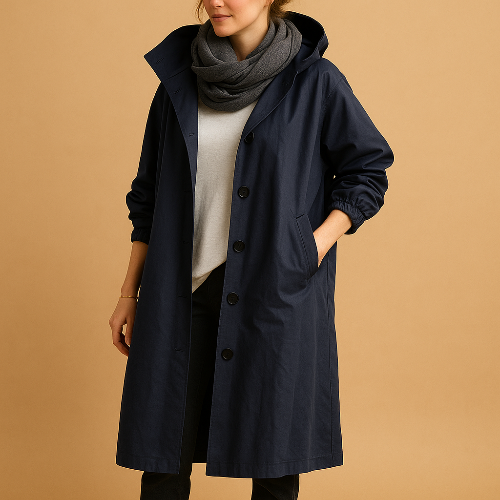 Women’s long waterproof raincoat with hood and belt, ideal for staying dry and stylish in all weather conditions.
