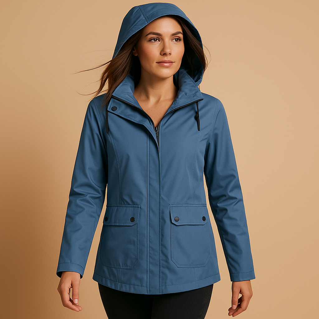 Long waterproof raincoat for women in beige with adjustable hood, breathable fabric, and full-length design, perfect for wet weather