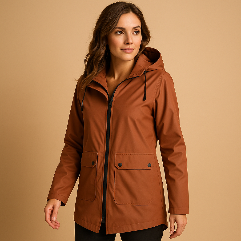 Long waterproof raincoat for women in beige with adjustable hood, breathable fabric, and full-length design, perfect for wet weather