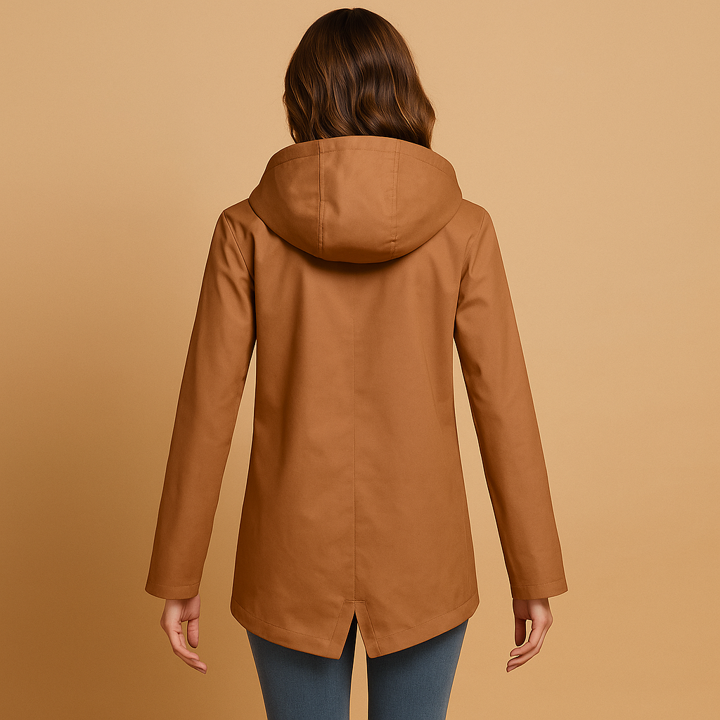 Long waterproof raincoat for women in beige with adjustable hood, breathable fabric, and full-length design, perfect for wet weather
