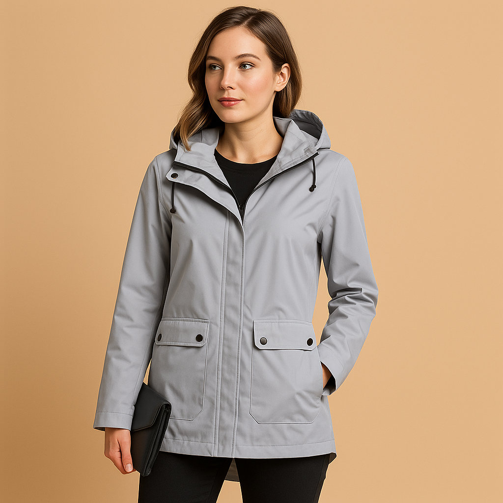 Long waterproof raincoat for women in beige with adjustable hood, breathable fabric, and full-length design, perfect for wet weather