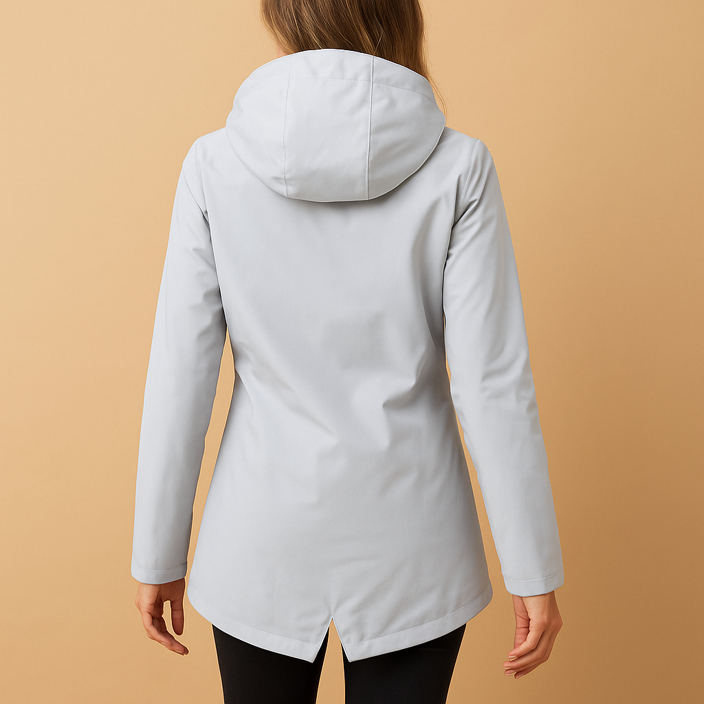 Long waterproof raincoat for women in beige with adjustable hood, breathable fabric, and full-length design, perfect for wet weather