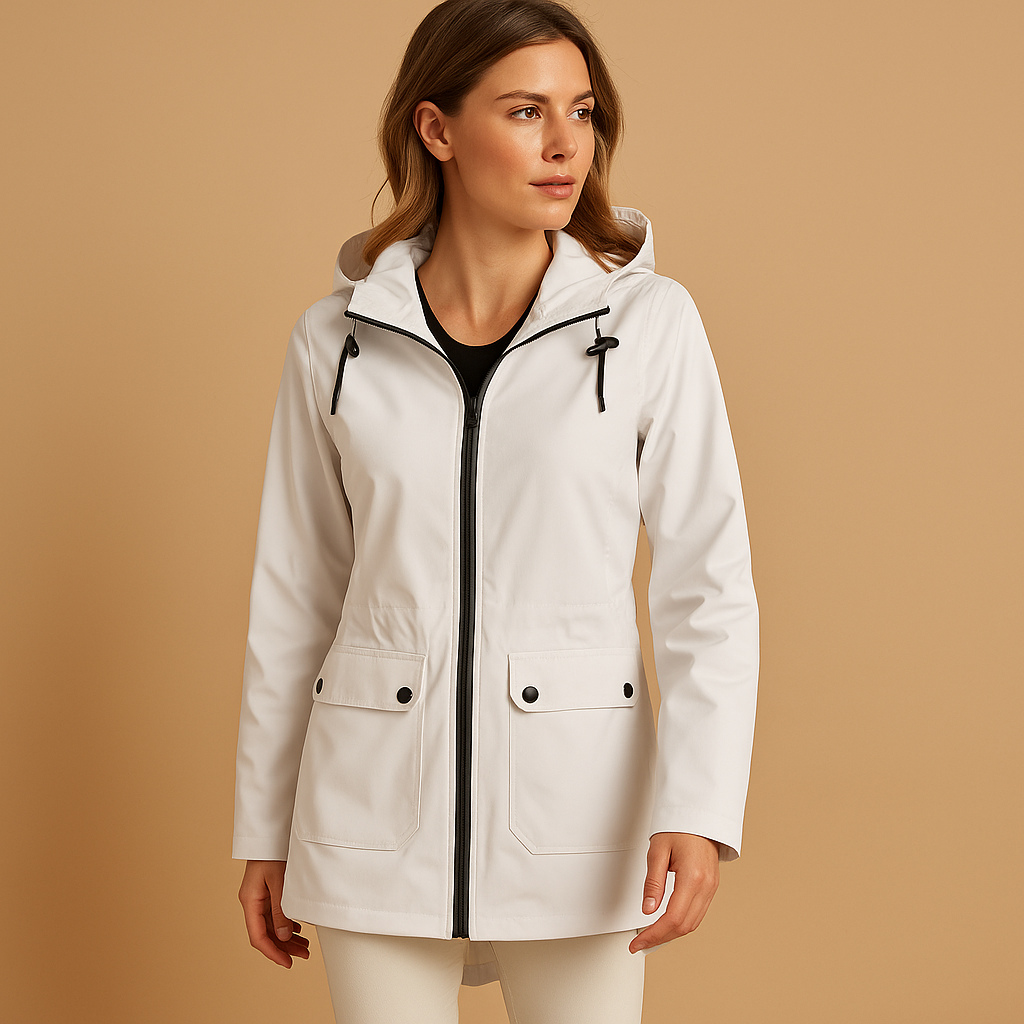 Long waterproof raincoat for women in beige with adjustable hood, breathable fabric, and full-length design, perfect for wet weather