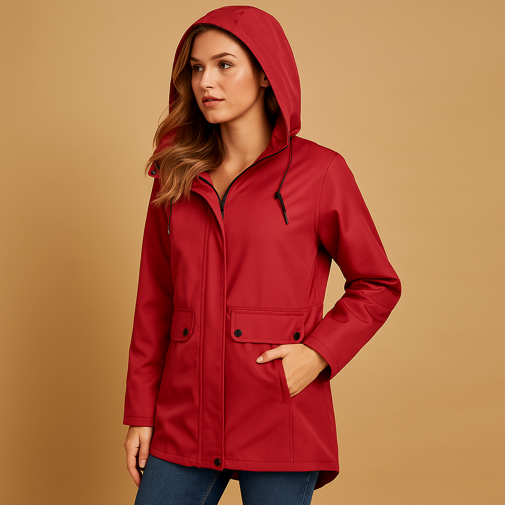 Long waterproof raincoat for women in beige with adjustable hood, breathable fabric, and full-length design, perfect for wet weather