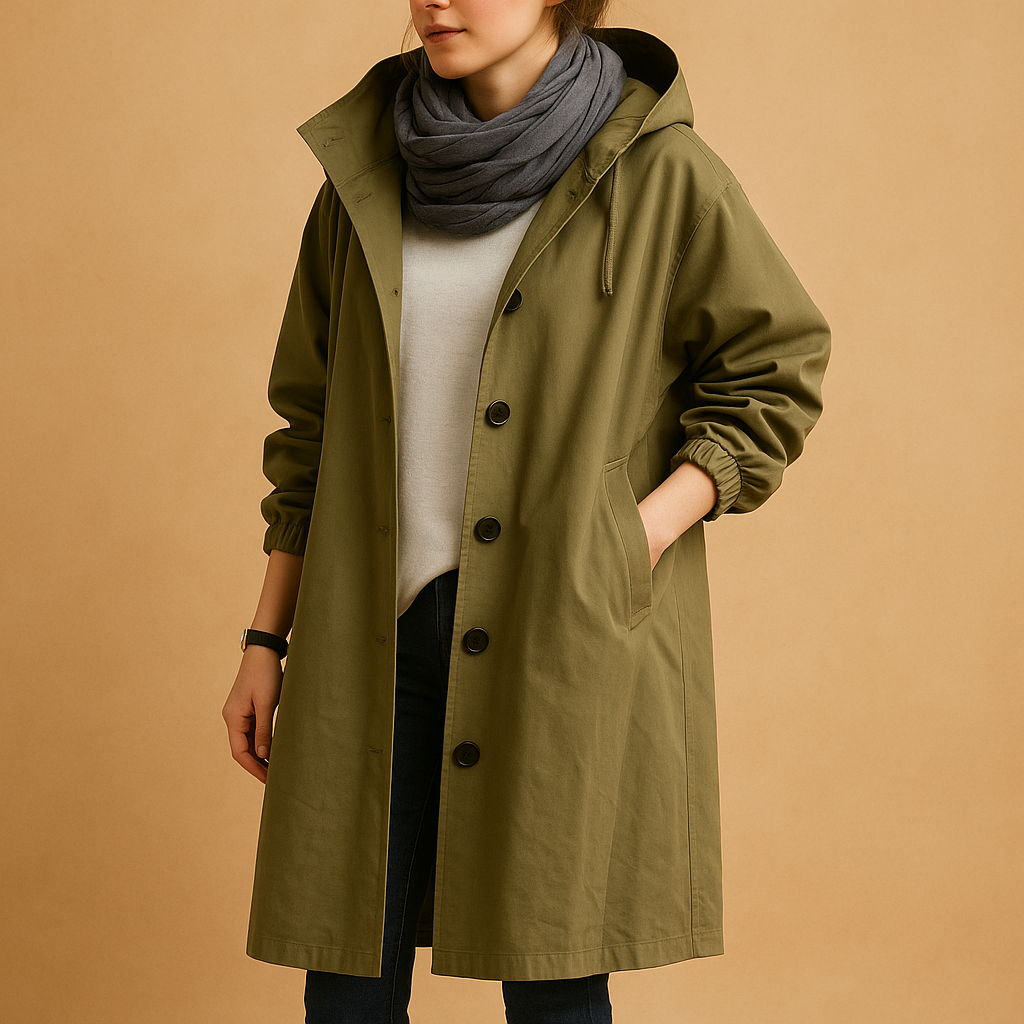 Women’s long waterproof raincoat with hood and belt, ideal for staying dry and stylish in all weather conditions.