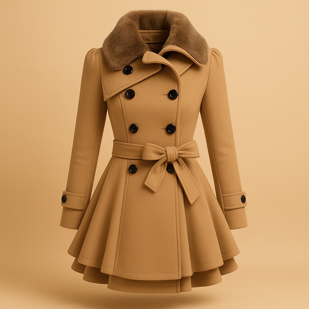Women’s long winter coat with faux fur collar and soft fabric, perfect for casual and formal cold-weather outfits.