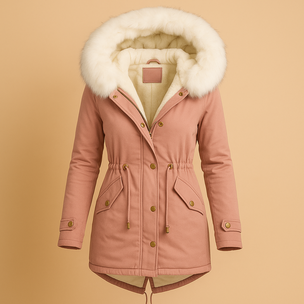 Women’s long waterproof winter coat with faux fur hood, perfect for cold weather, daily wear, and stylish winter layering.