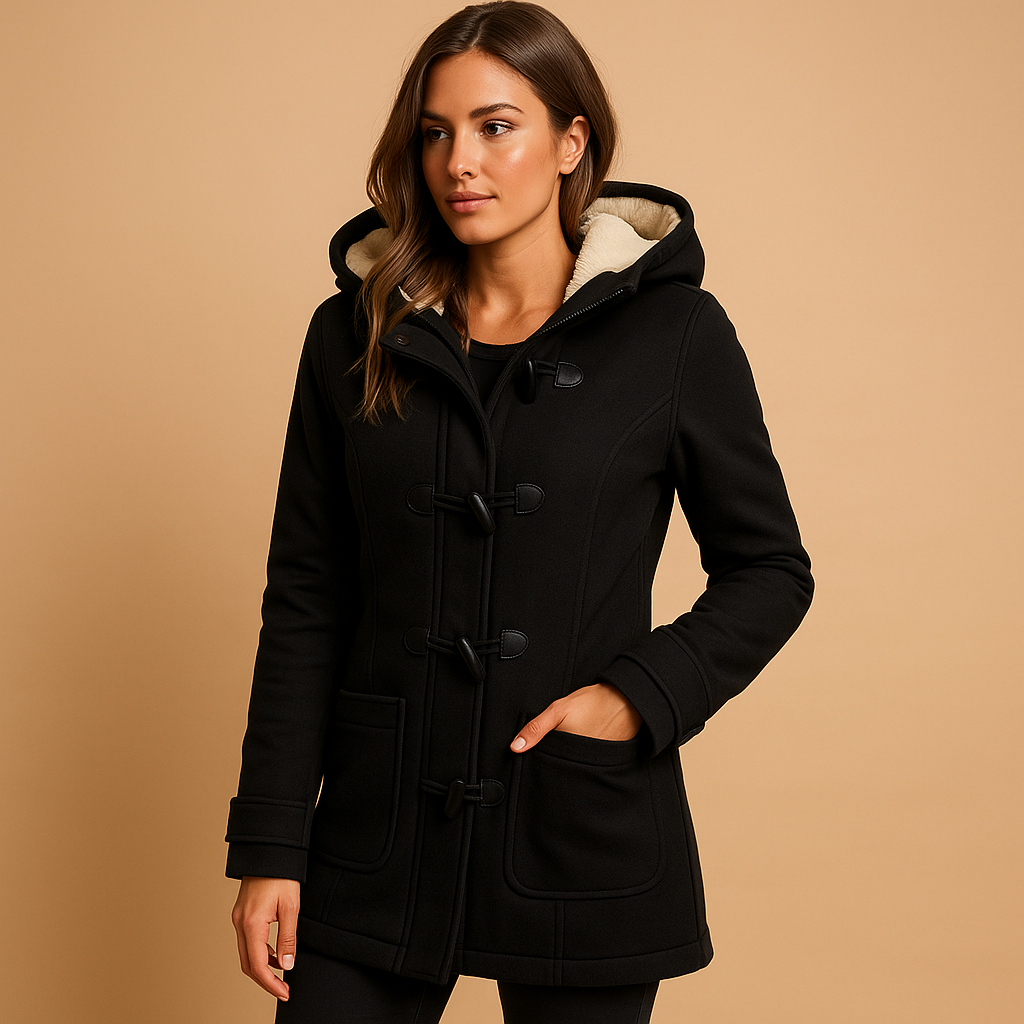 Long winter coat with hood for women in black and khaki, elegant cut, designed for warmth and style during cold weather