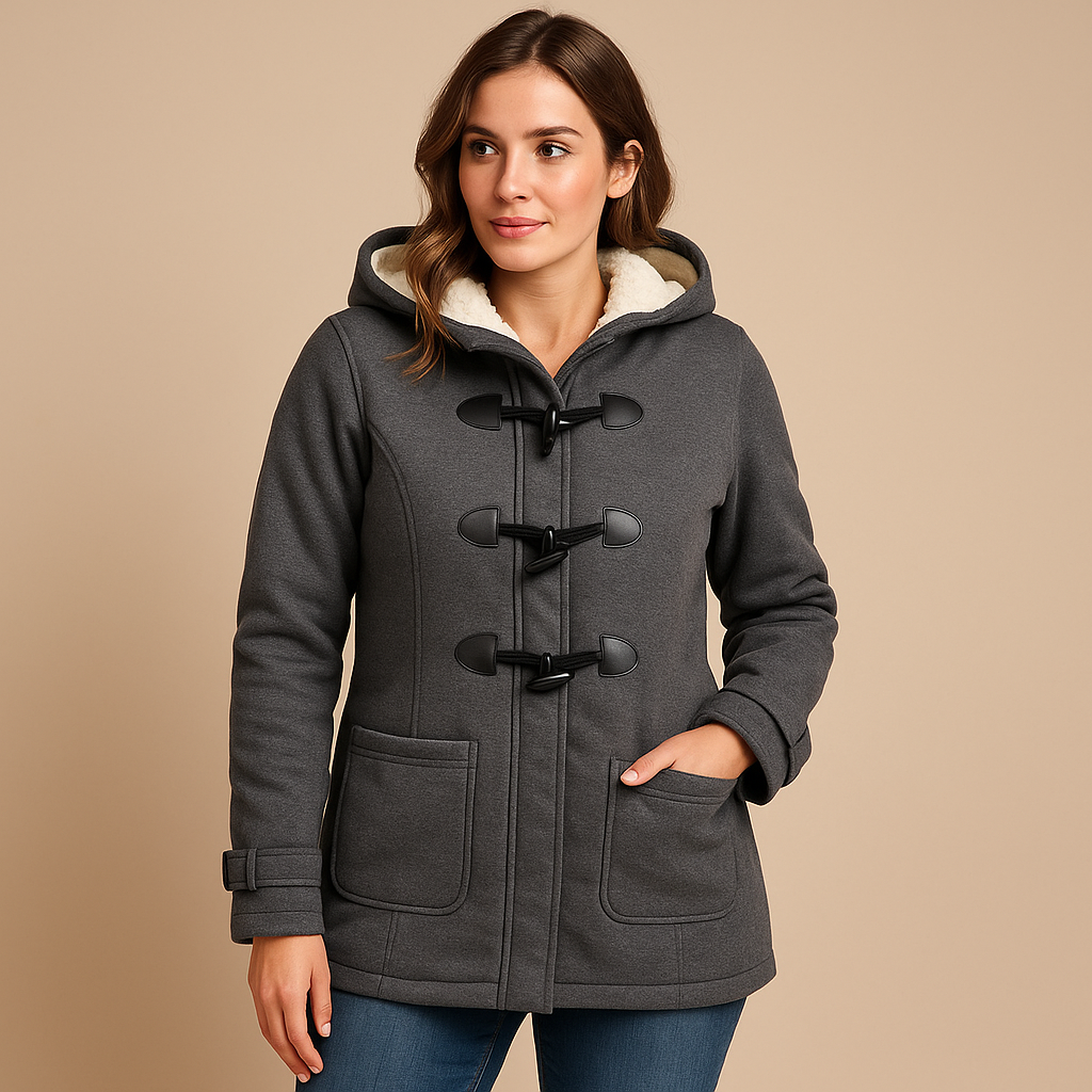Long winter coat with hood for women in black and khaki, elegant cut, designed for warmth and style during cold weather