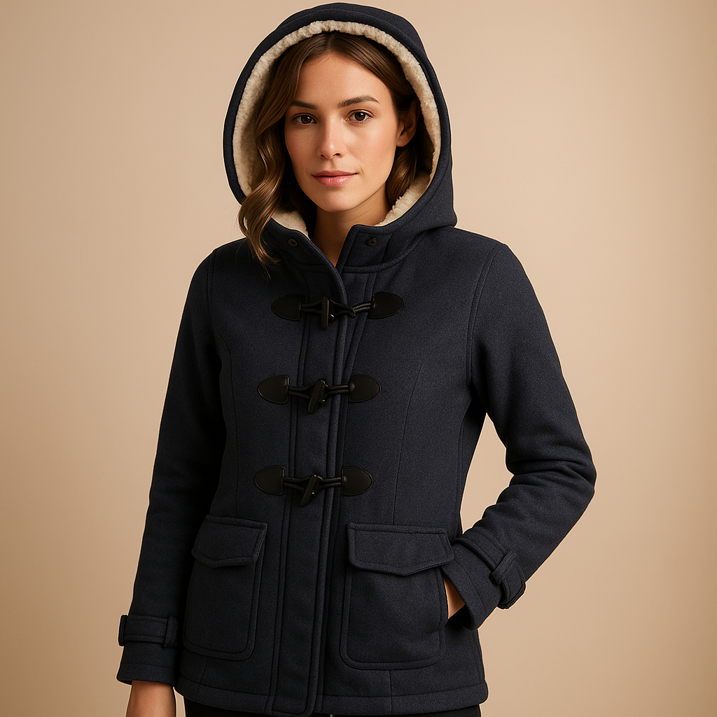 Long winter coat with hood for women in black and khaki, elegant cut, designed for warmth and style during cold weather
