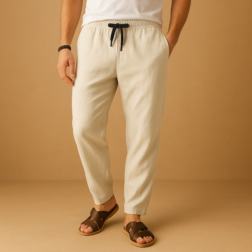 Loose cotton pants for men in grey, white, blue, maroon, beige, and black with breathable fabric and relaxed fit for casual and seasonal wear.