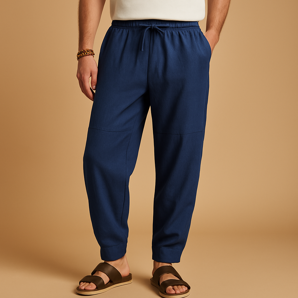 Loose cotton pants for men in grey, white, blue, maroon, beige, and black with breathable fabric and relaxed fit for casual and seasonal wear.
