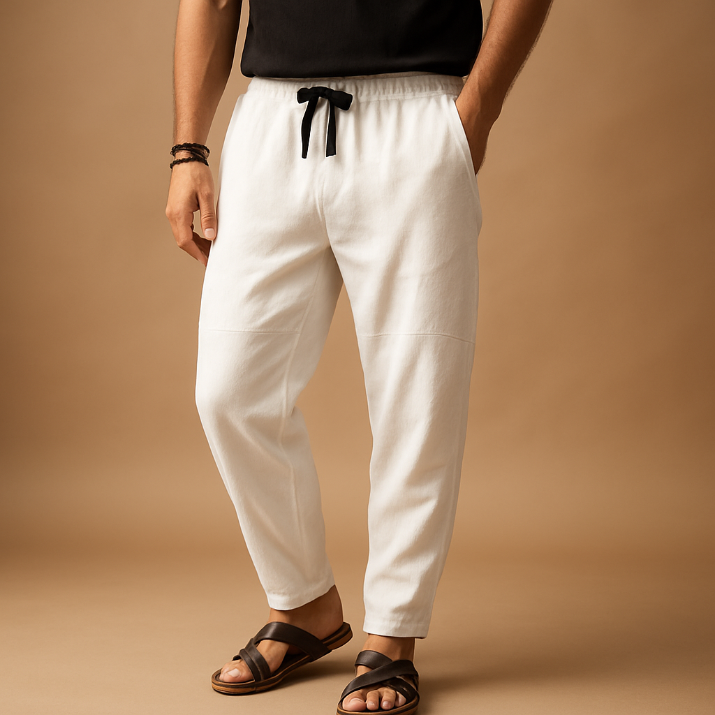 Loose cotton pants for men in grey, white, blue, maroon, beige, and black with breathable fabric and relaxed fit for casual and seasonal wear.