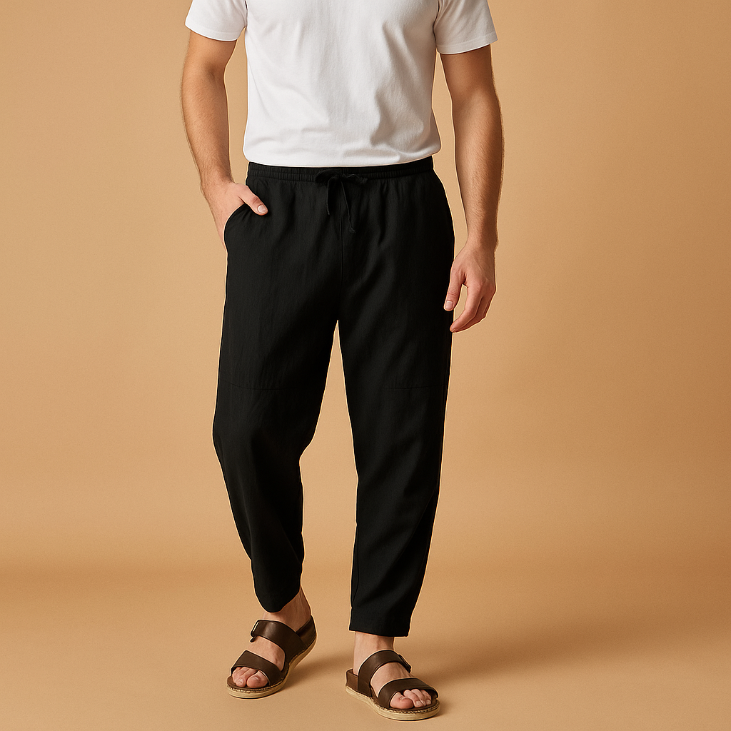 Loose cotton pants for men in grey, white, blue, maroon, beige, and black with breathable fabric and relaxed fit for casual and seasonal wear.