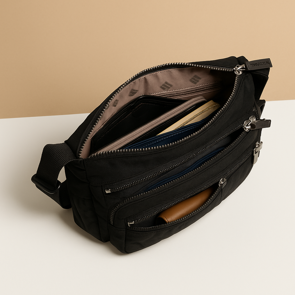 Luxury anti-theft messenger bag for women with zippered compartments and hidden pocket, perfect for travel and everyday use.