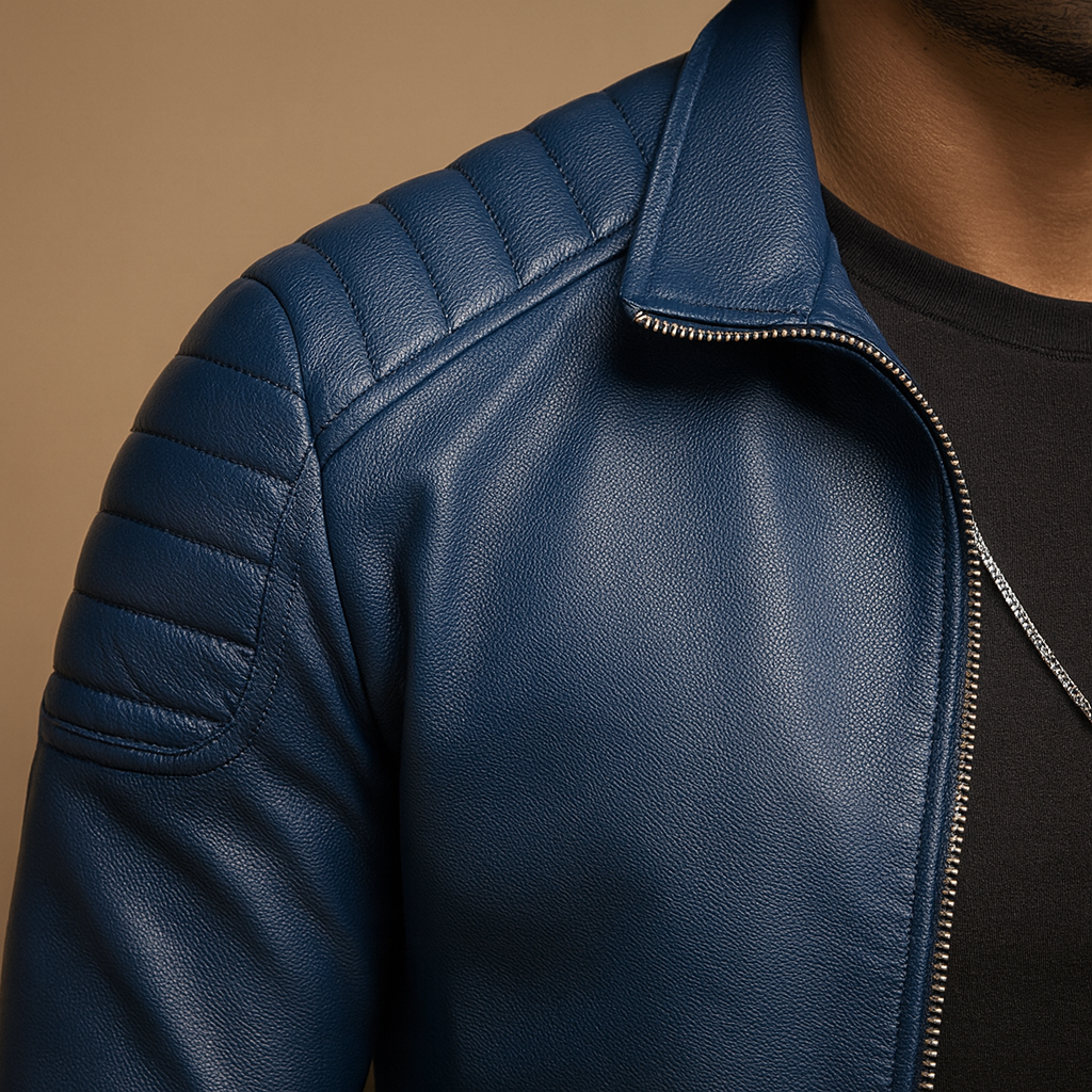 Men’s luxury biker jacket made with soft, breathable material, ideal for both business and casual outfits.