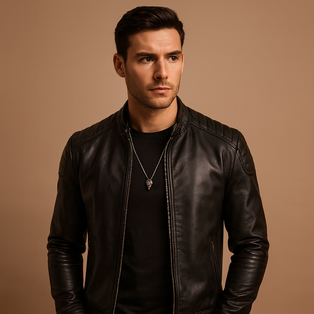 Men’s luxury biker jacket made with soft, breathable material, ideal for both business and casual outfits.
