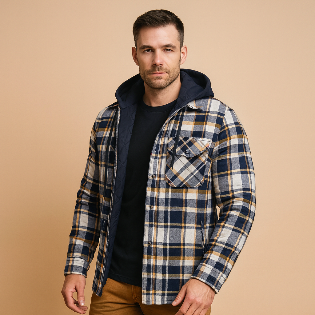 Men’s bomber jacket with hood and warm lining, perfect for protection against wind and cold on winter days.