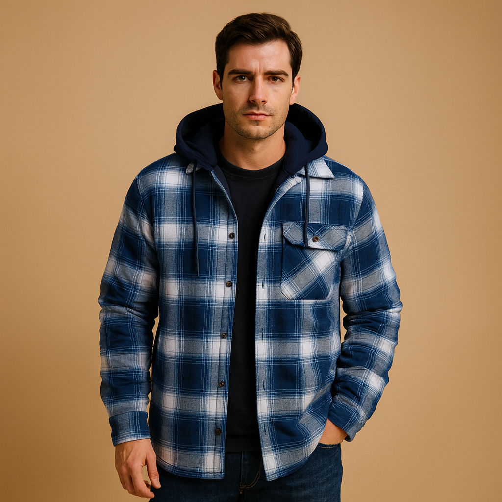 Men’s bomber jacket with hood and warm lining, perfect for protection against wind and cold on winter days.