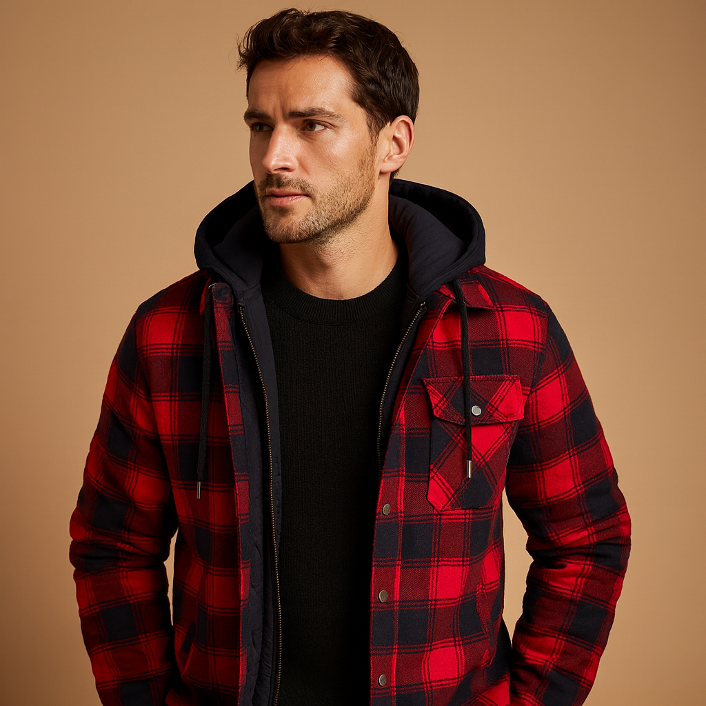 Men’s bomber jacket with hood and warm lining, perfect for protection against wind and cold on winter days.