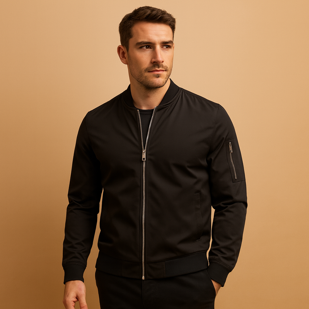 Men’s bomber jacket with zipper, lightweight and durable, perfect for casual wear and versatile styling in any season.