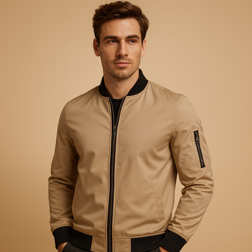 Men’s bomber jacket with zipper, lightweight and durable, perfect for casual wear and versatile styling in any season.