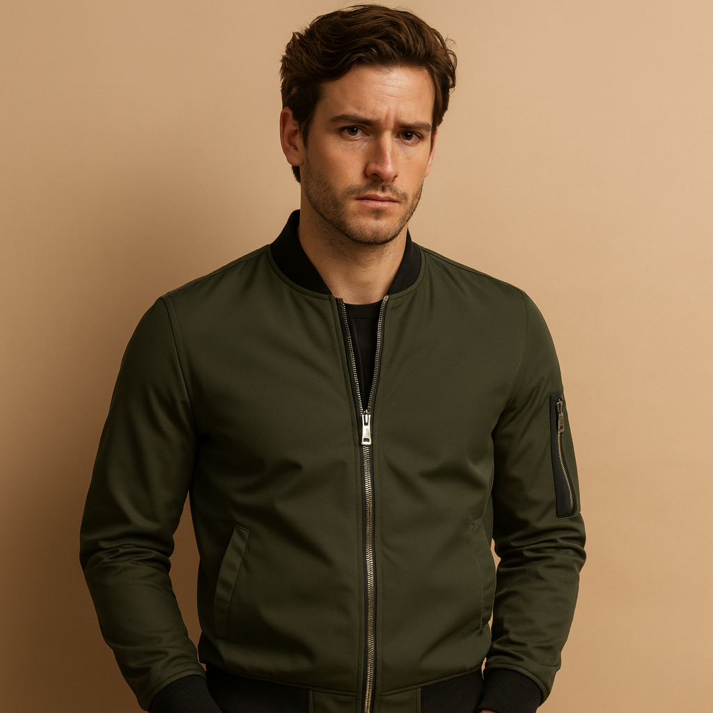 Men’s bomber jacket with zipper, lightweight and durable, perfect for casual wear and versatile styling in any season.