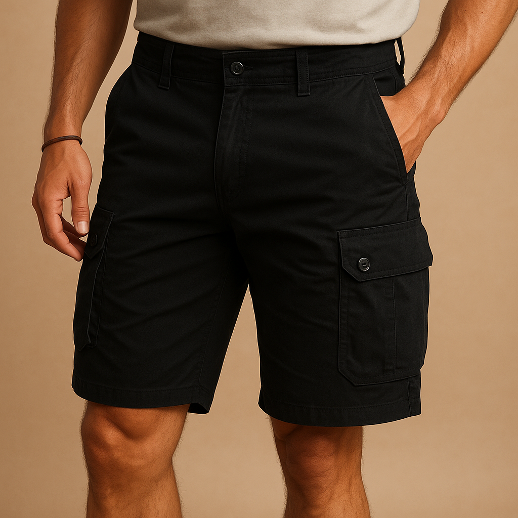 Men’s cargo shorts in breathable cotton with a relaxed fit and multiple pockets, available in army green, khaki, and black for casual and outdoor wear.
