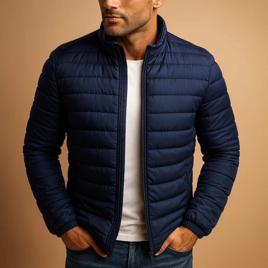 Men’s puffer jacket with hood and insulation, designed for warmth, wind protection, and comfort on cold winter days.