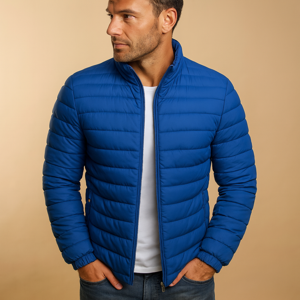Men’s puffer jacket with hood and insulation, designed for warmth, wind protection, and comfort on cold winter days.