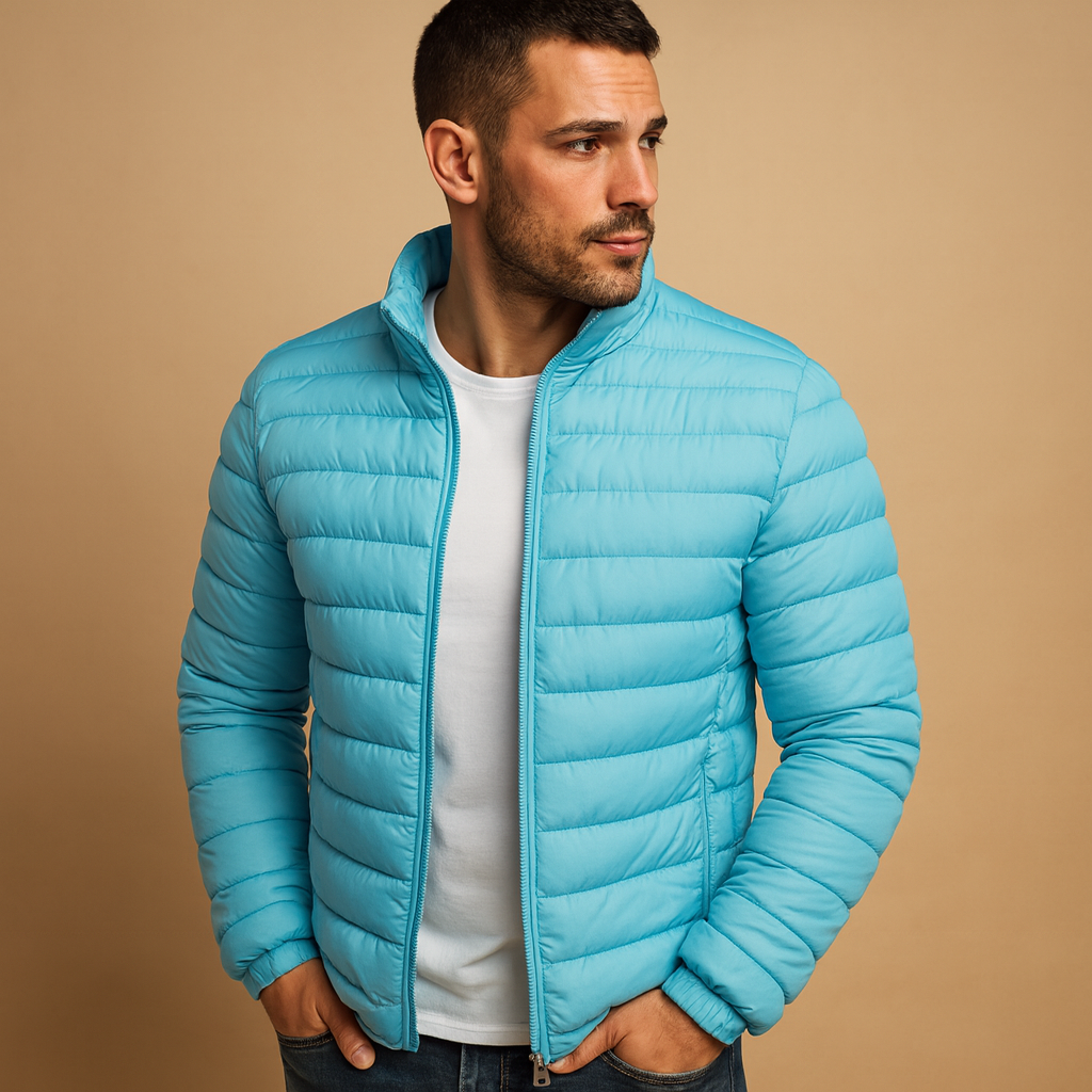 Men’s puffer jacket with hood and insulation, designed for warmth, wind protection, and comfort on cold winter days.