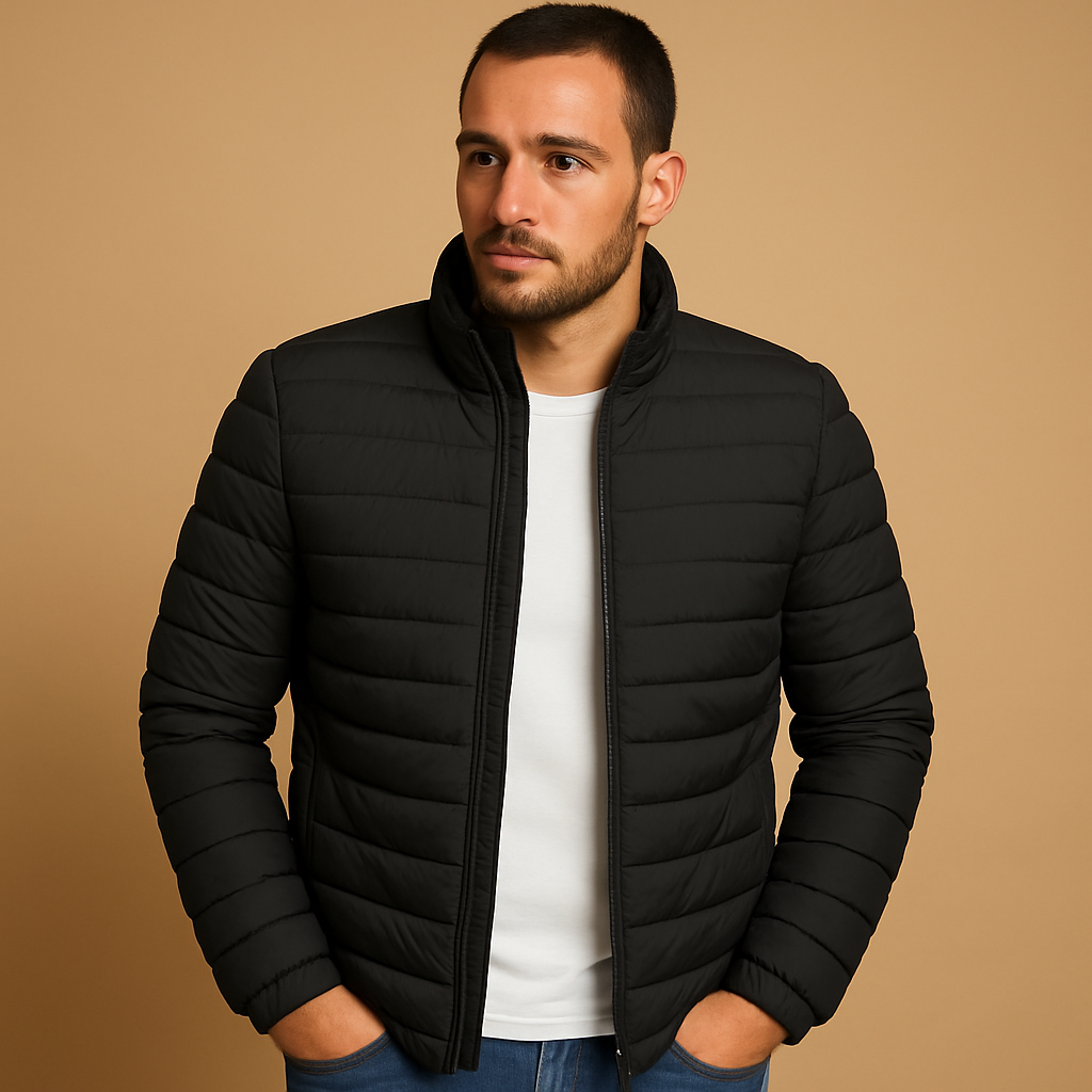Men’s puffer jacket with hood and insulation, designed for warmth, wind protection, and comfort on cold winter days.