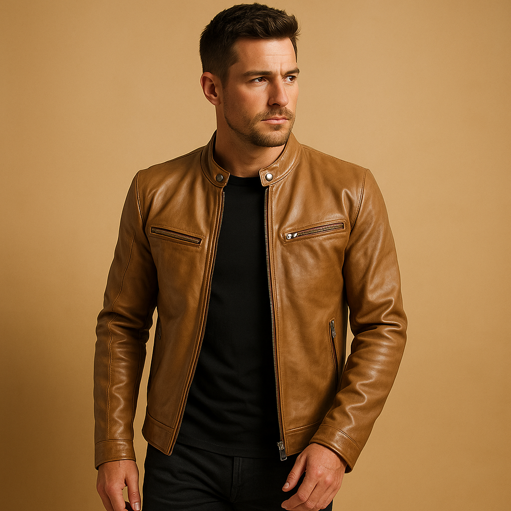 Men’s mid-season PU leather jacket in black, auburn, camel, and navy blue, ideal for casual or formal outfits during spring and fall