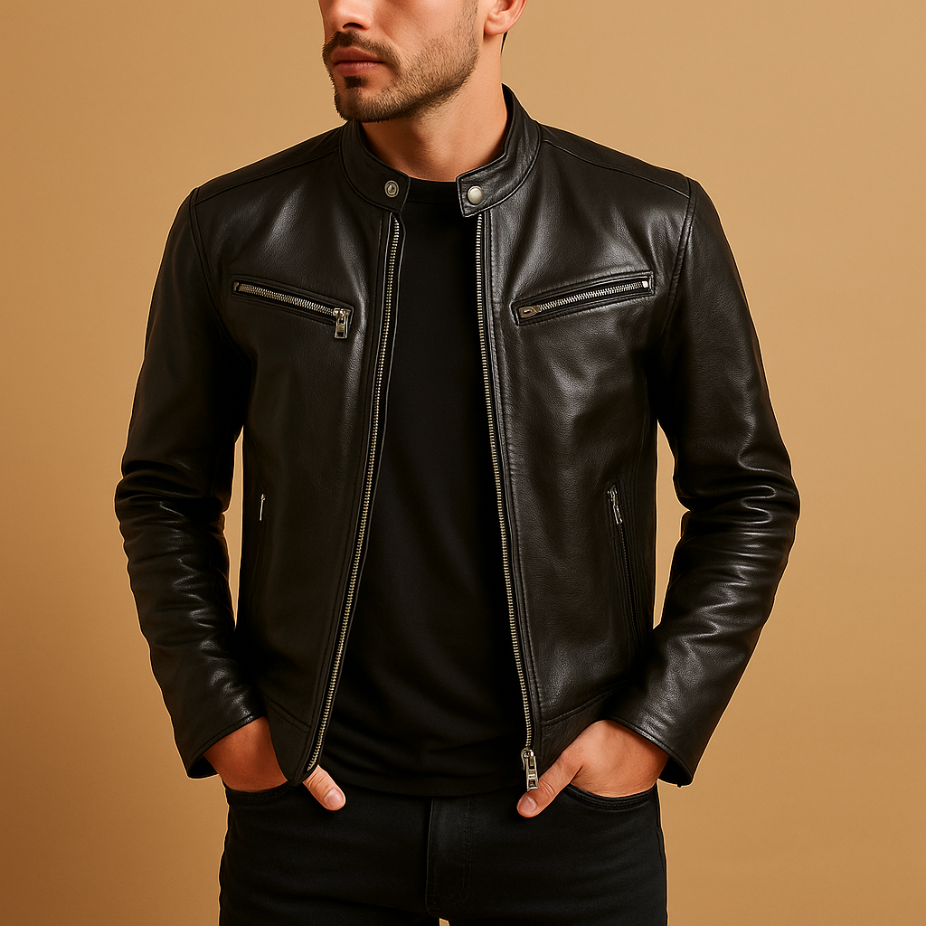 Men’s mid-season PU leather jacket in black, auburn, camel, and navy blue, ideal for casual or formal outfits during spring and fall