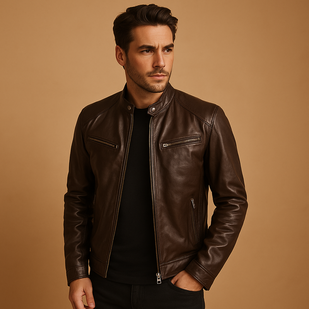 Men’s mid-season PU leather jacket in black, auburn, camel, and navy blue, ideal for casual or formal outfits during spring and fall