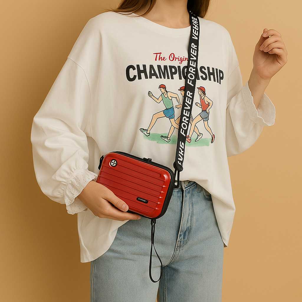 Stylish mini suitcase crossbody bag for women, durable and lightweight, perfect for daily essentials and fashion-forward looks.