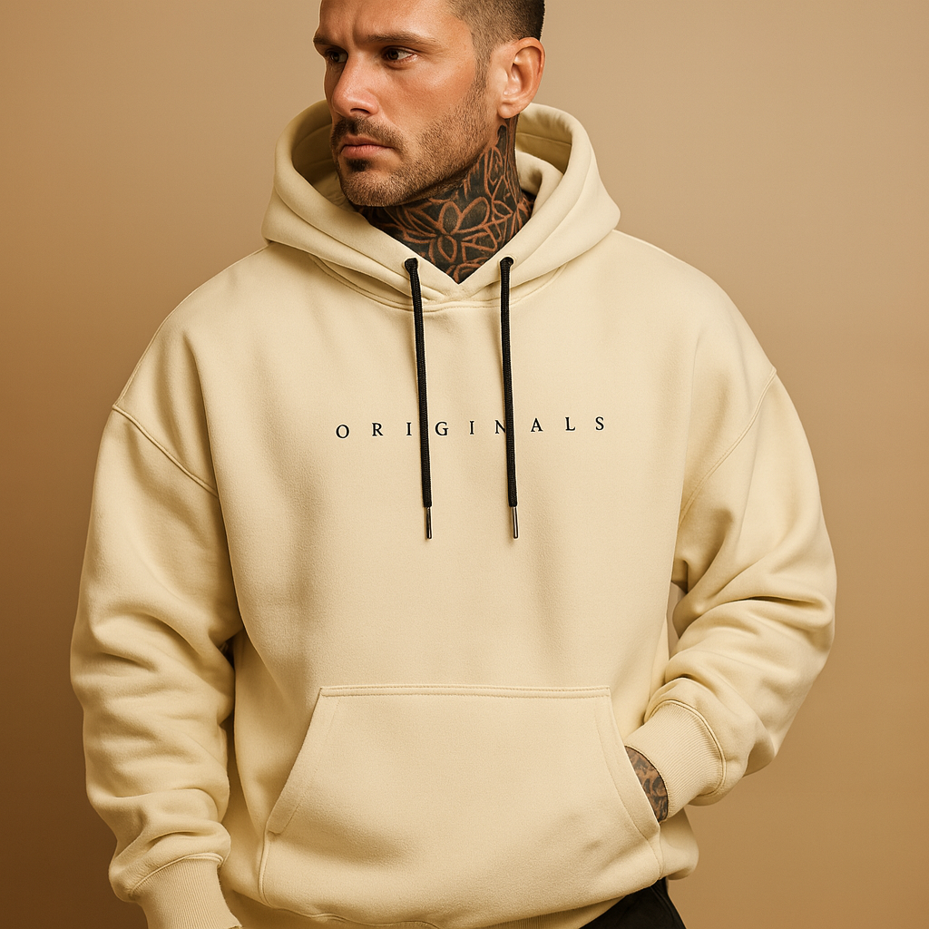 Modern men’s hoodie with hood in black, white, and yellow, perfect for autumn and winter casual or sporty outfits.