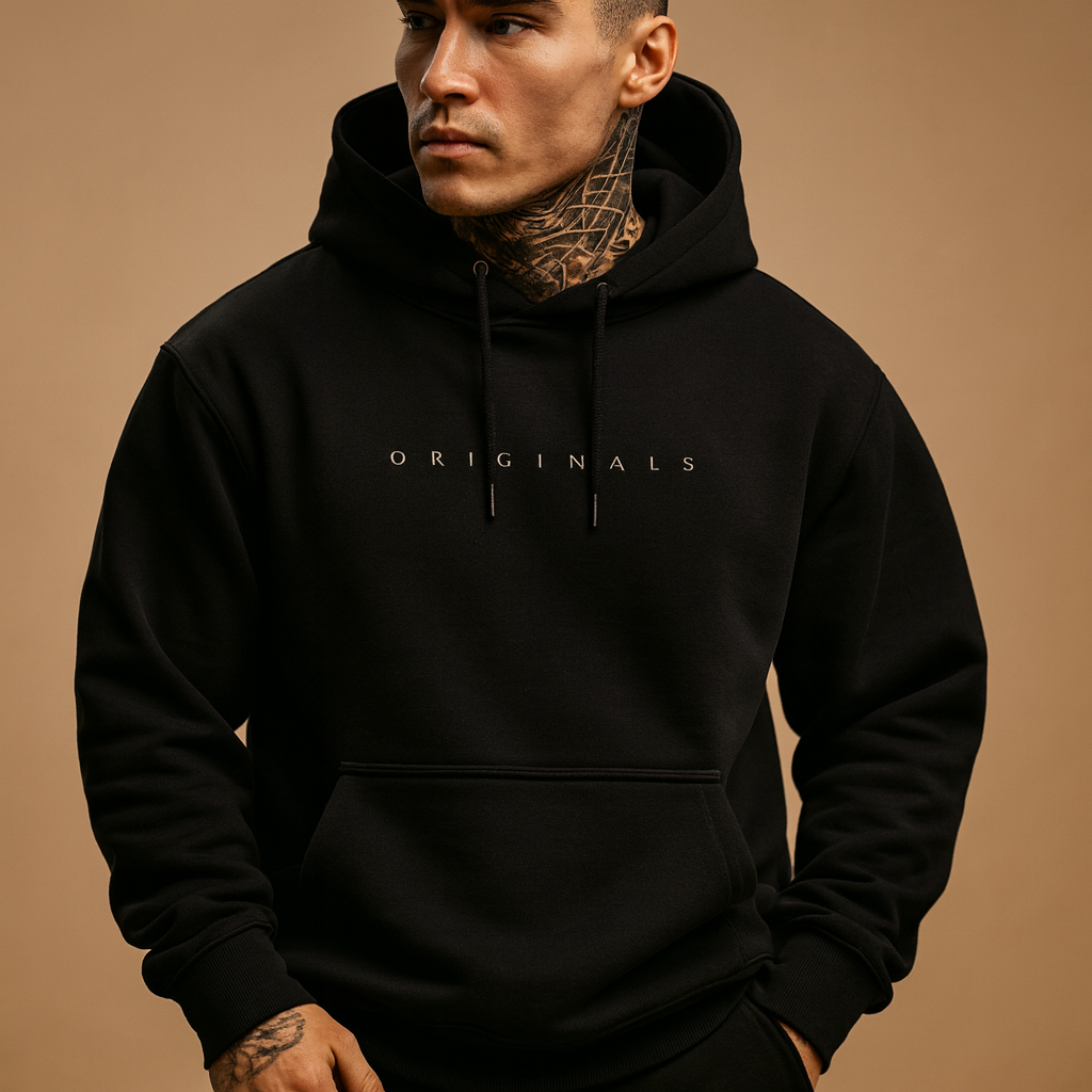 Modern men’s hoodie with hood in black, white, and yellow, perfect for autumn and winter casual or sporty outfits.