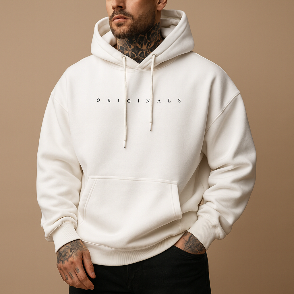 Modern men’s hoodie with hood in black, white, and yellow, perfect for autumn and winter casual or sporty outfits.