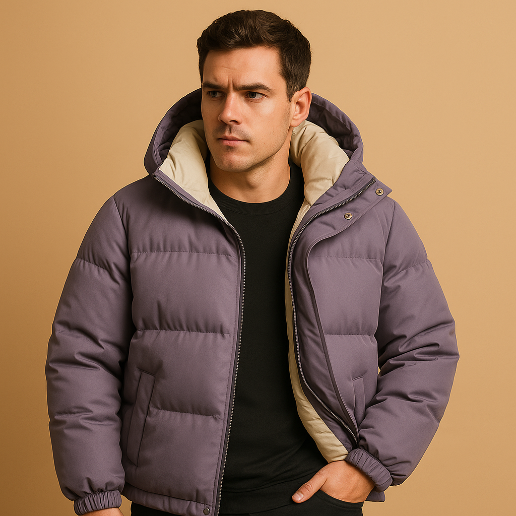 Men’s modern puffer jacket with quilted insulation, hood, lightweight construction, and sporty design, perfect for winter, travel, and outdoor activities.