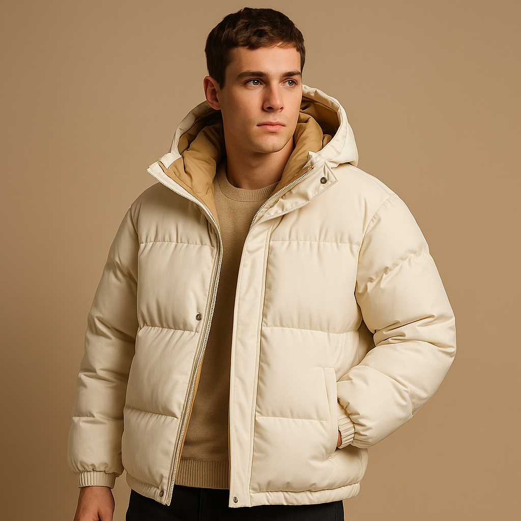 Men’s modern puffer jacket with quilted insulation, hood, lightweight construction, and sporty design, perfect for winter, travel, and outdoor activities.