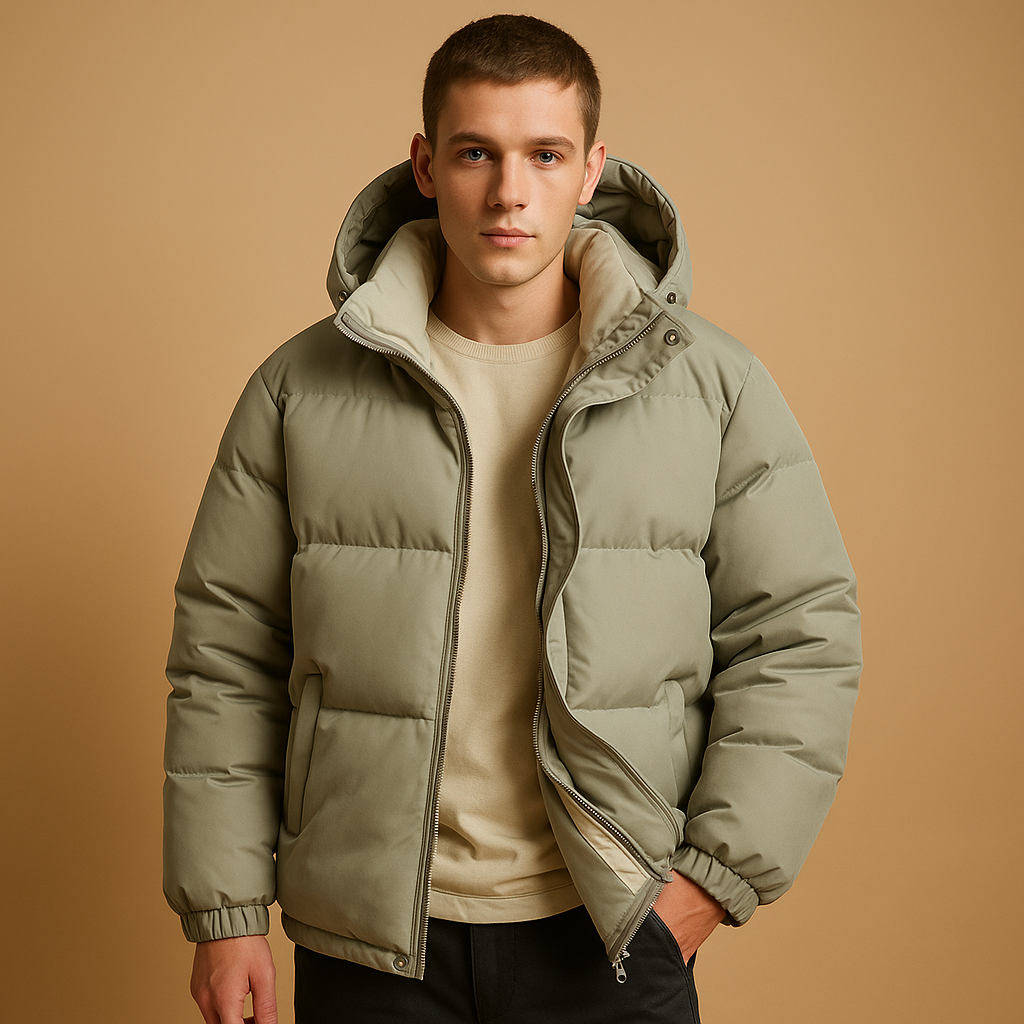Men’s modern puffer jacket with quilted insulation, hood, lightweight construction, and sporty design, perfect for winter, travel, and outdoor activities.