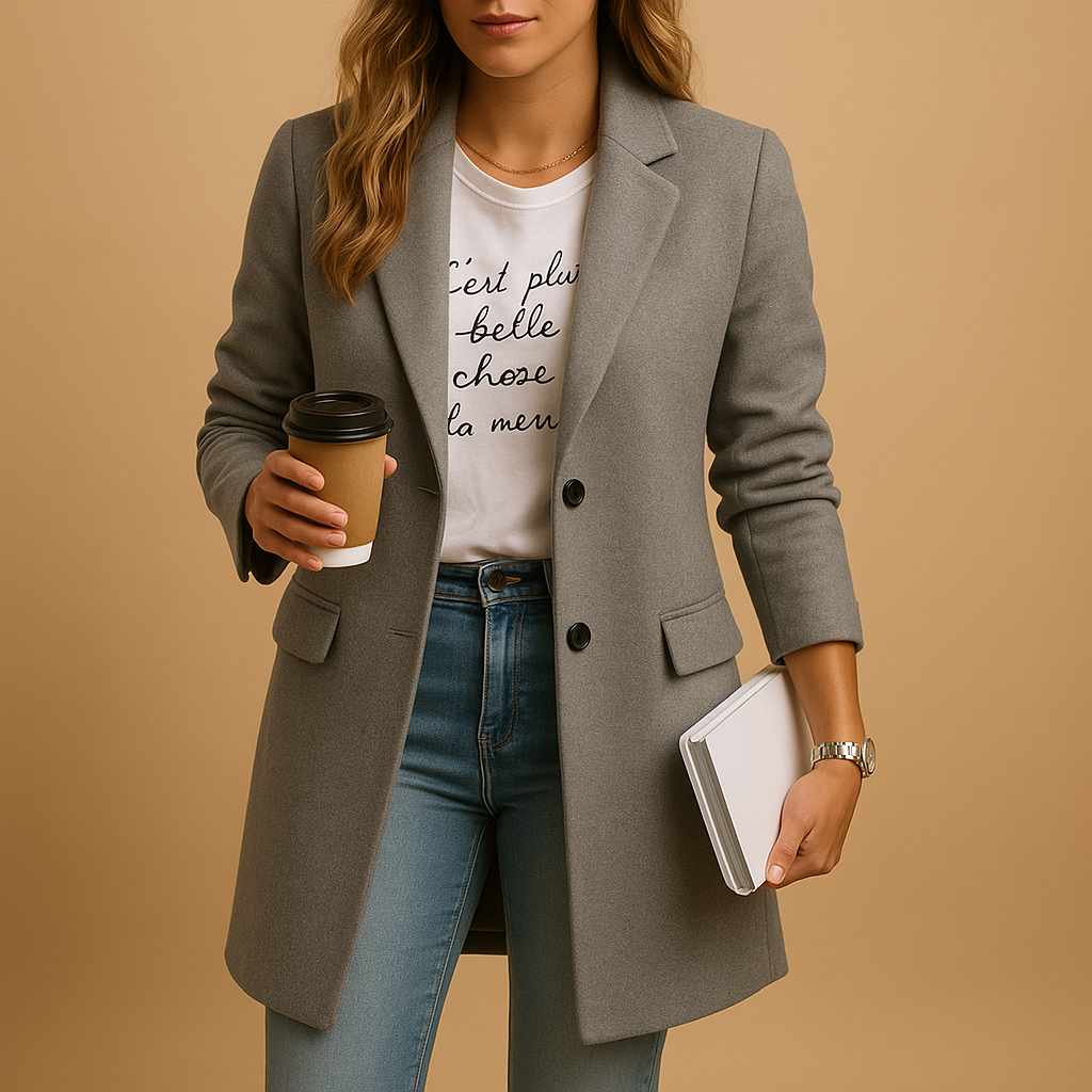 Elegant modern tailored coat for women with slim fit and classic cut, perfect for office wear and stylish evenings.