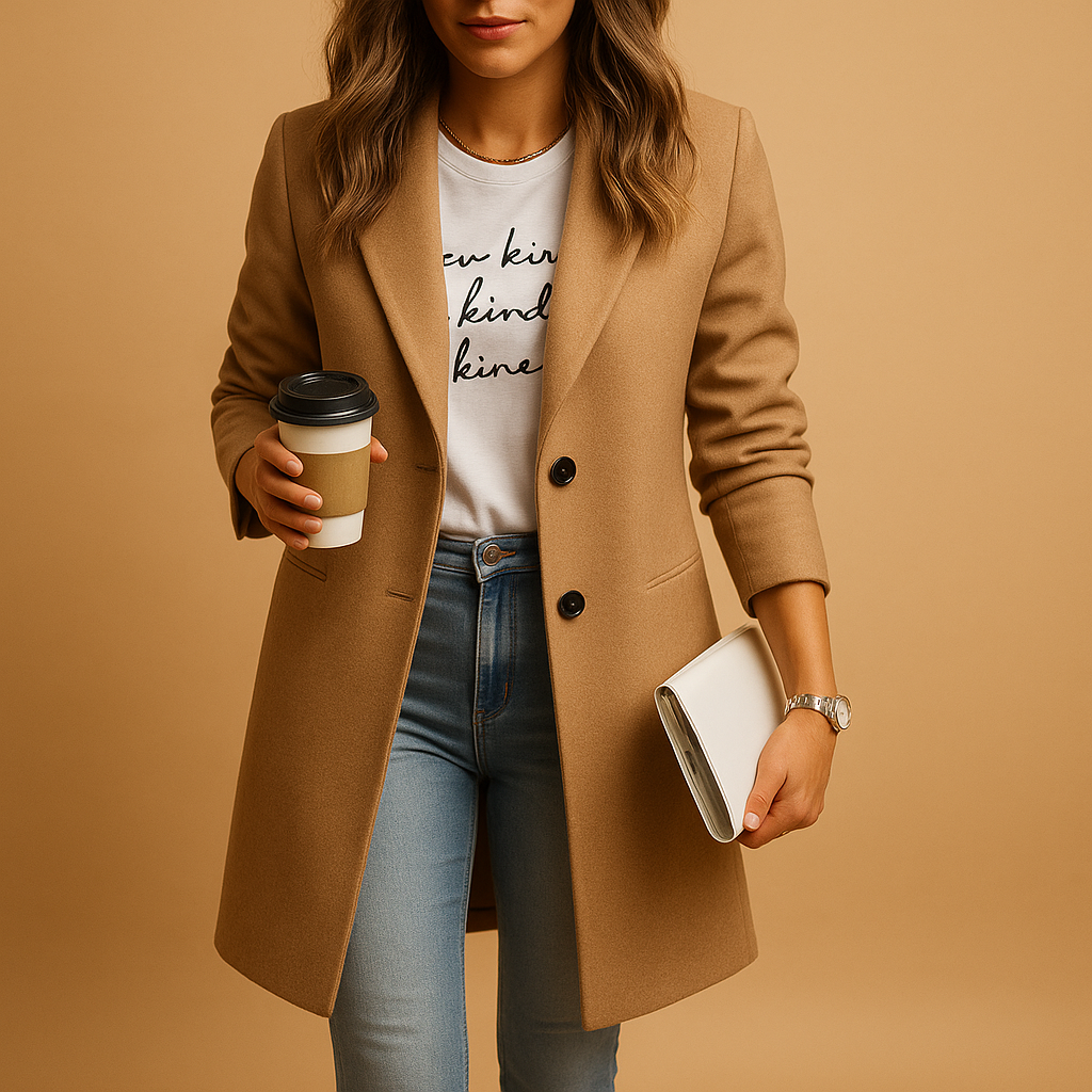 Elegant modern tailored coat for women with slim fit and classic cut, perfect for office wear and stylish evenings.