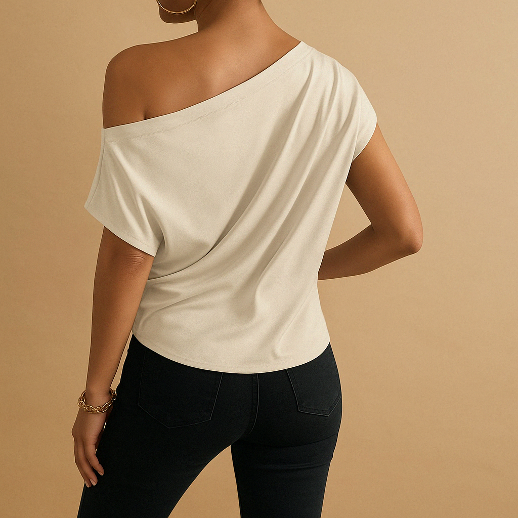Off-shoulder batwing sleeve top for women in beige, perfect for summer days and casual or elegant occasions.