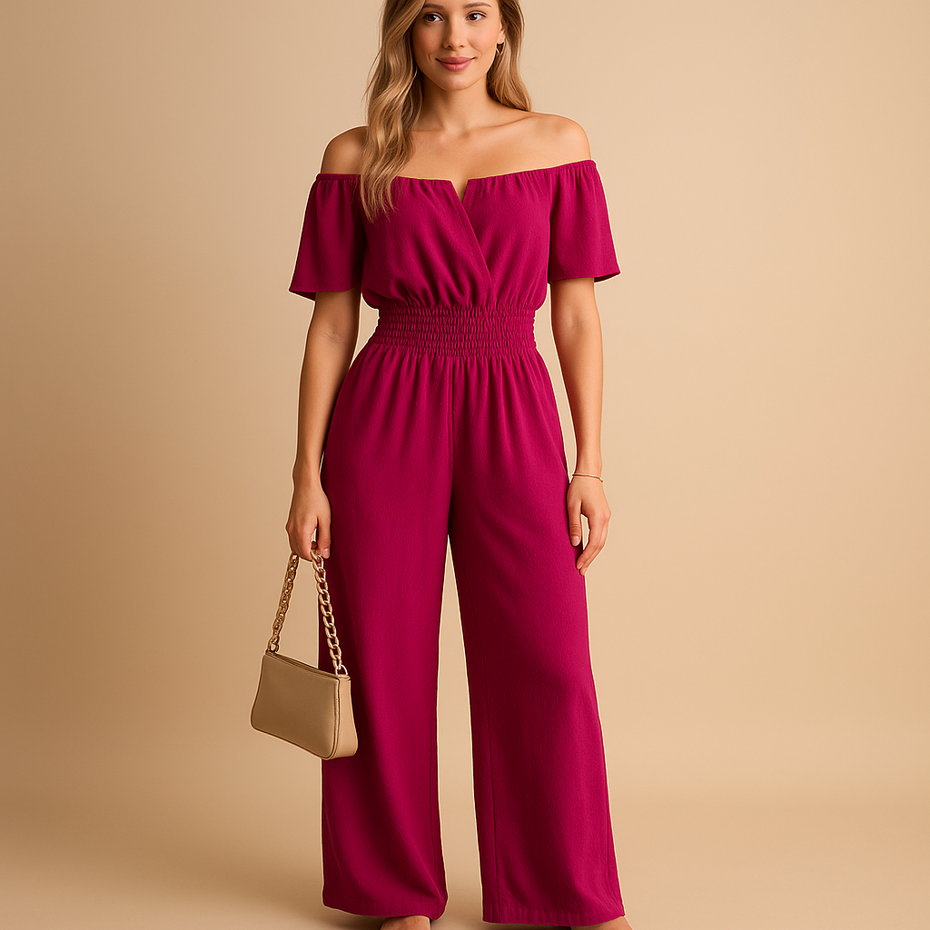 Off-shoulder jumpsuit for women with pleated accents and elastic waist, ideal for summer parties, brunches, and relaxed beach days.