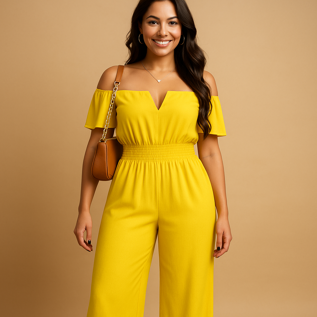Off-shoulder jumpsuit for women with pleated accents and elastic waist, ideal for summer parties, brunches, and relaxed beach days.