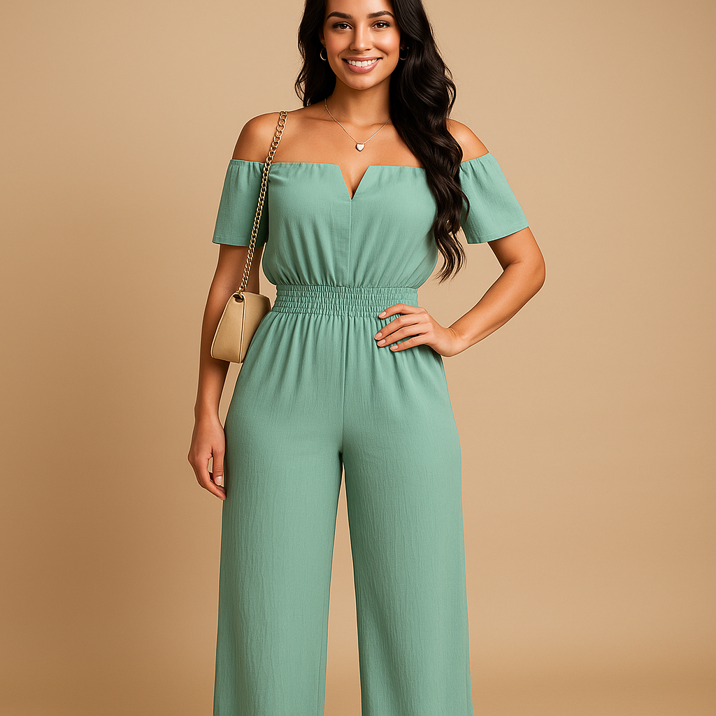 Off-shoulder jumpsuit for women with pleated accents and elastic waist, ideal for summer parties, brunches, and relaxed beach days.